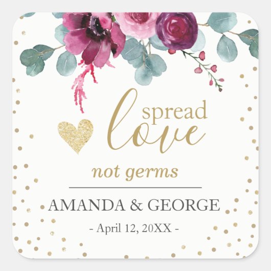 ハンドサニタイザーラベル ワインレッドの花 ゴールドグリッター スクエアシール (正面)