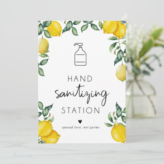 ハンドサニタイジングステーションレモン小さなサイン5x7 招待状 (スタンド正面)