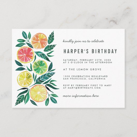 ハンドサマー絵を描クシトラスフルーツ誕生日パーティー 案内状 (正面)