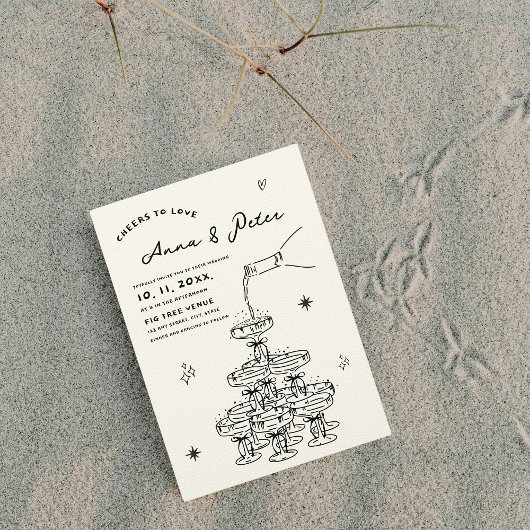 ハンドシャンパ図解入りの、写真付きのンタワーヴィンテージウェディング 招待状