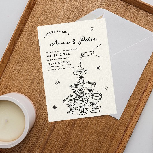 ハンドシャンパ図解入りの、写真付きのンタワーヴィンテージウェディング 招待状