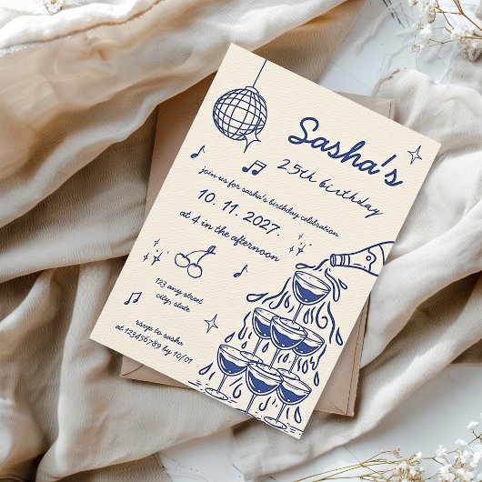 ハンドシャンパ図解入りの、写真付きのンタワー誕生日ブルー 招待状