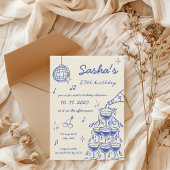 ハンドシャンパ図解入りの、写真付きのンタワー誕生日ブルー 招待状