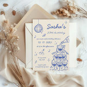 ハンドシャンパ図解入りの、写真付きのンタワー誕生日ブルー 招待状