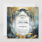 ハンドスティング招待状ティール(緑がかった色)金ゴールド 招待状 (正面)