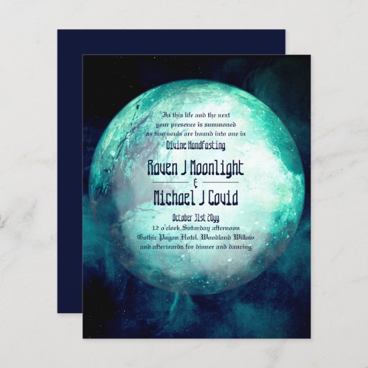 ハンドスティング招待状異教のウィッカ信者ティール(緑がかった色)ムーンゴシック (正面/裏面)