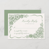 ハンドドローお洒落ドのセージ結婚グリーン 出欠カード (正面/裏面)