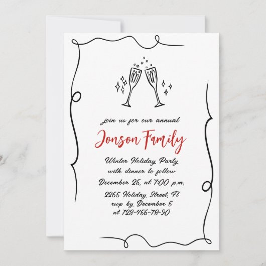 ハンドドローお洒落ドクリスマスホリデーディナー 招待状 (正面)