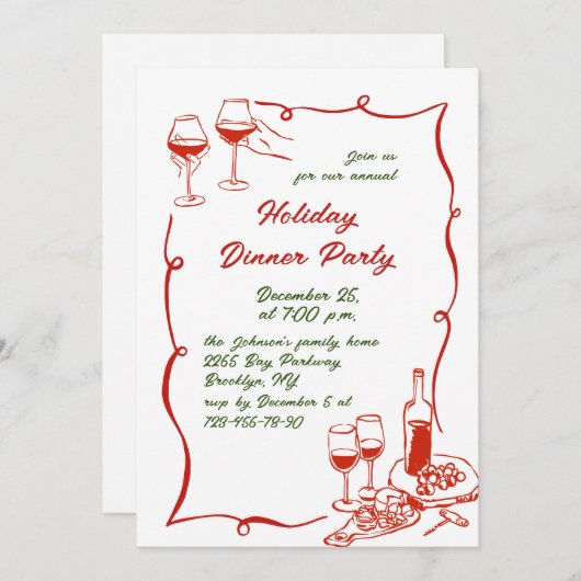 ハンドドローお洒落ドクリスマスホリデーディナー 招待状 (正面/裏面)