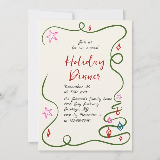 ハンドドローお洒落ドクリスマスホリデーディナー 招待状 (正面)