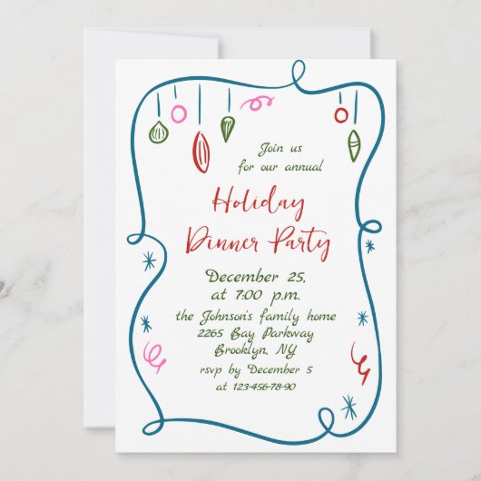 ハンドドローお洒落ドクリスマスホリデーディナー 招待状 (正面)