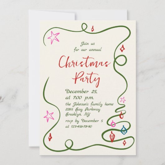 ハンドドローお洒落ドクリスマスホリデーパーティー 招待状 (正面)