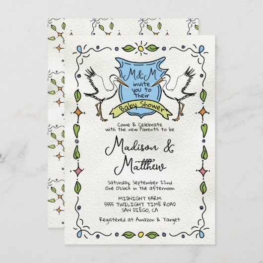 ハンドドローお洒落ドストーククレスト赤ちゃんシャワー 招待状 (正面/裏面)