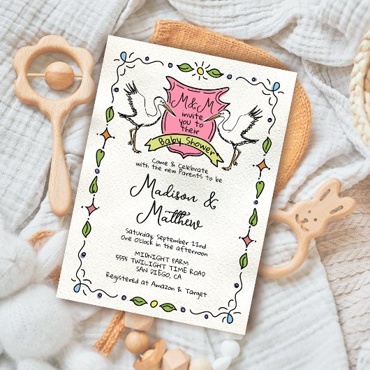 ハンドドローお洒落ドストーククレスト赤ちゃんシャワー 招待状