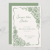 ハンドドローお洒落ドセージ緑のフローラ結婚ズ セーブザデート (正面/裏面)