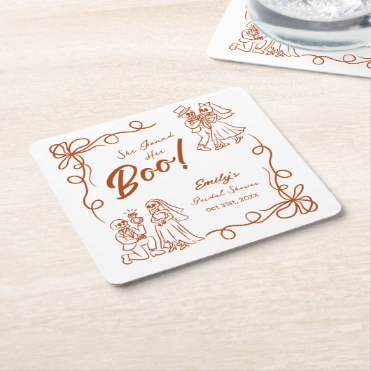 ハンドドローお洒落ドハロウィンブライダルシャワー スクエアペーパーコースター (アングル)