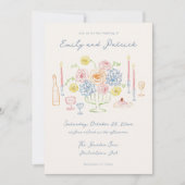 ハンドドローお洒落ドファンキーフランスのパ結婚ステル 招待状 (正面)
