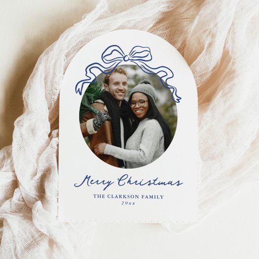 ハンドドローお洒落ドブルーボウホリデークリスマス アクリル招待状