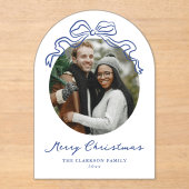 ハンドドローお洒落ドブルーボウホリデークリスマス アクリル招待状 (正面)