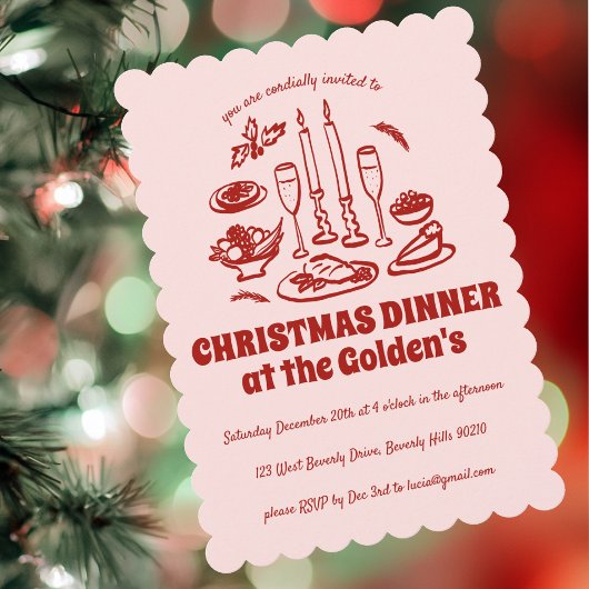 ハンドドローお洒落ドホリデーディナーパーティー 招待状