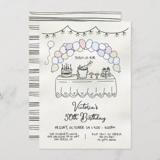 ハンドドローお洒落ド成人誕生日パーティー 招待状 (正面/裏面)