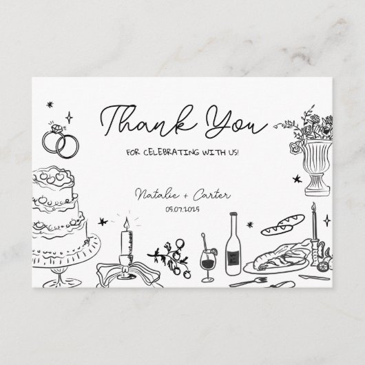 ハンドドローお洒落ド結婚の感謝 エンクロージャーカード (正面)