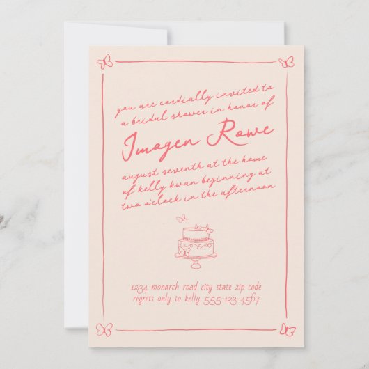 ハンドドローお洒落ド蝶テーマブライダルシャワー 招待状 (裏面)