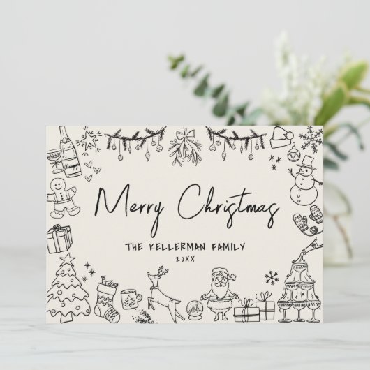ハンドドローお洒落ヴィンテージメリークリスマス シーズンカード (スタンド正面)