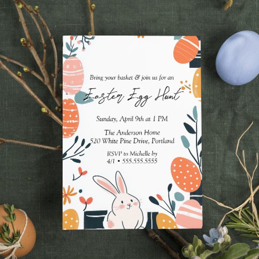 ハンドドローかわいいバニーと卵イースターエッグ狩り 招待状