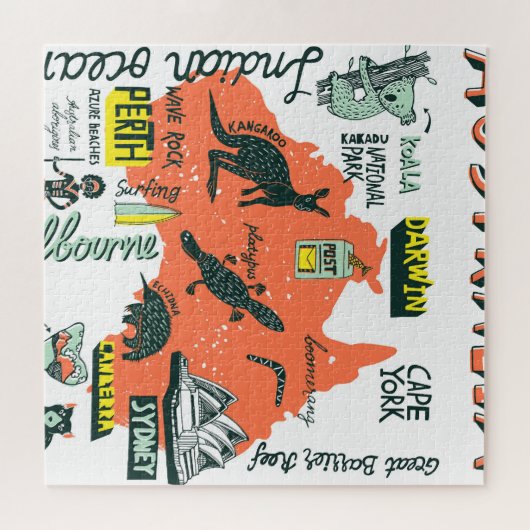 ハンドドローされたオーストラリアのアトラクション、タイポグラフィポスト ジグソーパズル (横)