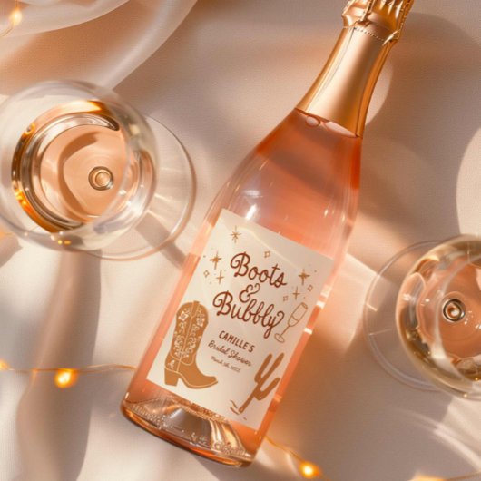 ハンドドローされたブーツと泡立ちブライダルシャワー ワインラベル