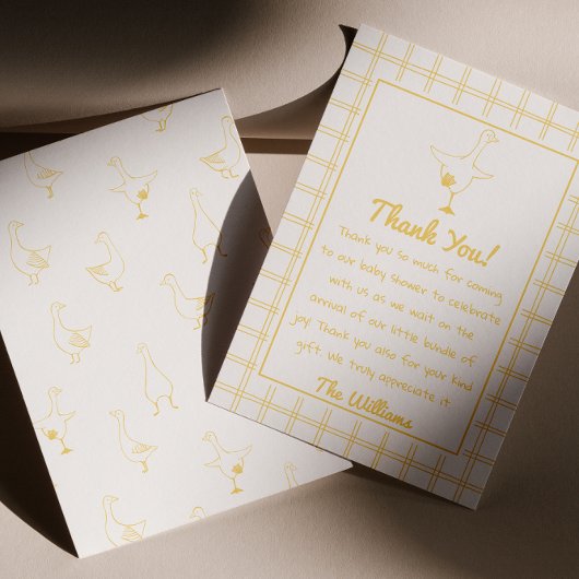 ハンドドローイエローガチョウ間抜けギンガムベビーシャワー サンキューカード