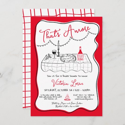 ハンドドローイタリアンドピザワインディナーパーティー 招待状 (正面/裏面)