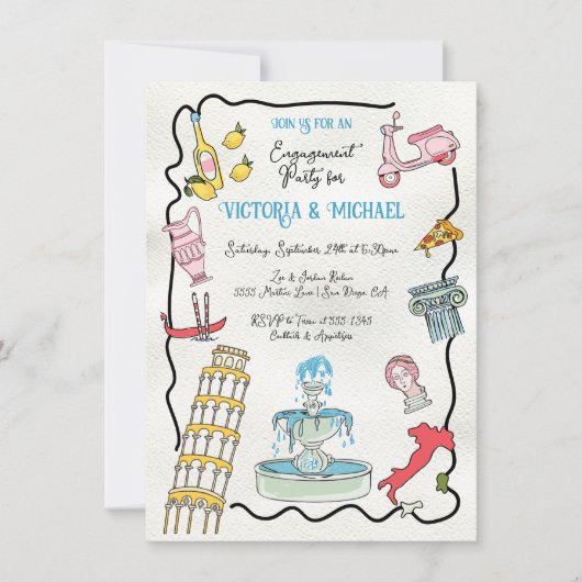 ハンドドローイタリアンドローマメディテラネアンパーティー 招待状 (正面)