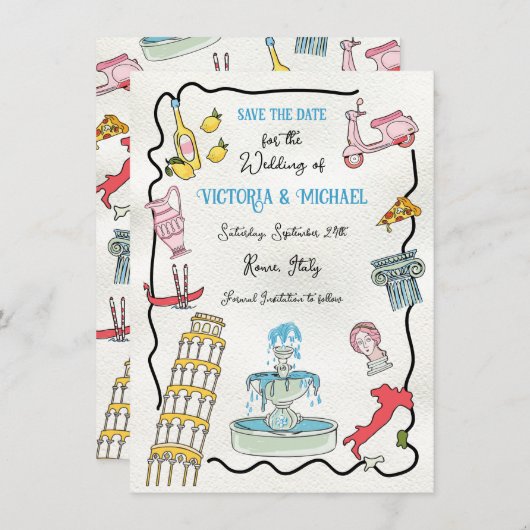 ハンドドローイタリアンドローマメディテラネアンパーティー 招待状 (正面/裏面)