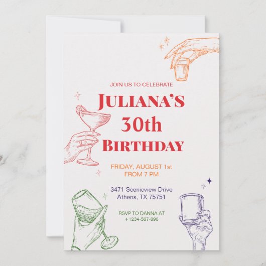 ハンドドローカクテル30th誕生日招待状 招待状 (正面)