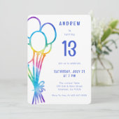 ハンドドローカジュアル誕生日レインボーバルーンキッズ 招待状 (スタンド正面)