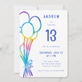 ハンドドローカジュアル誕生日レインボーバルーンキッズ 招待状 (正面)
