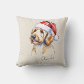 ハンドドローカスタムドクリスマスゴールデンドードルポートレート クッション (正面)