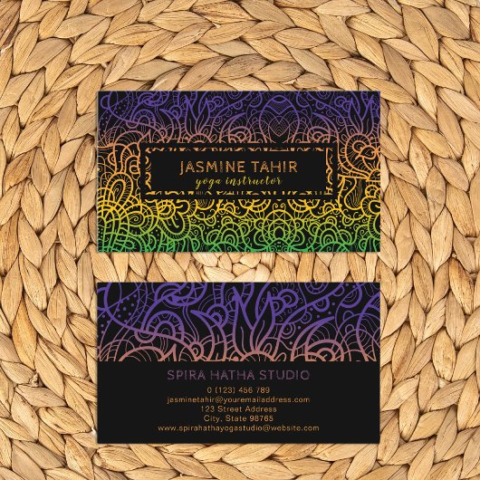 ハンドドローカッコいいドカラフルドードルヨガインストラクター 名刺