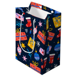 ハンドドローカラフルドクリスマスパターン真夜中 ミディアムペーパーバッグ