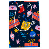 ハンドドローカラフルドクリスマスパターン真夜中 ミディアムペーパーバッグ (正面)