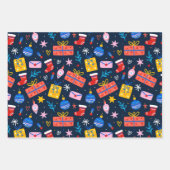 ハンドドローカラフルドクリスマスパターン真夜中 ラッピングペーパーシート (正面2)