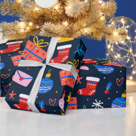 ハンドドローカラフルドクリスマスパターン真夜中 ラッピングペーパー