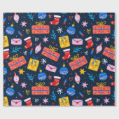 ハンドドローカラフルドクリスマスパターン真夜中 ラッピングペーパー (フラット)