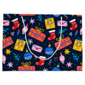 ハンドドローカラフルドクリスマスパターン、深いブルー ラージペーパーバッグ (裏面)