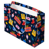 ハンドドローカラフルドクリスマスパターン、深いブルー ラージペーパーバッグ (裏面アングル)