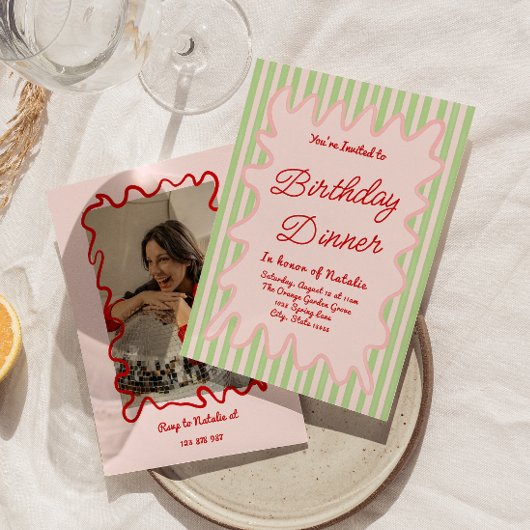 ハンドドローカラフルドストライプ誕生日ディナー 招待状