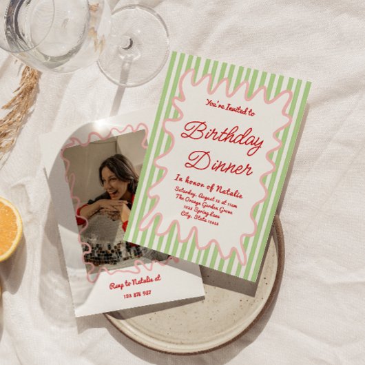 ハンドドローカラフルドストライプ誕生日ディナー 招待状