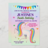 ハンドドローカラフルドマジカルユニコーン誕生日 招待状 (正面/裏面)